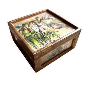 Vintage trinket box hinged lid wood hand painted floral glass & golden finish